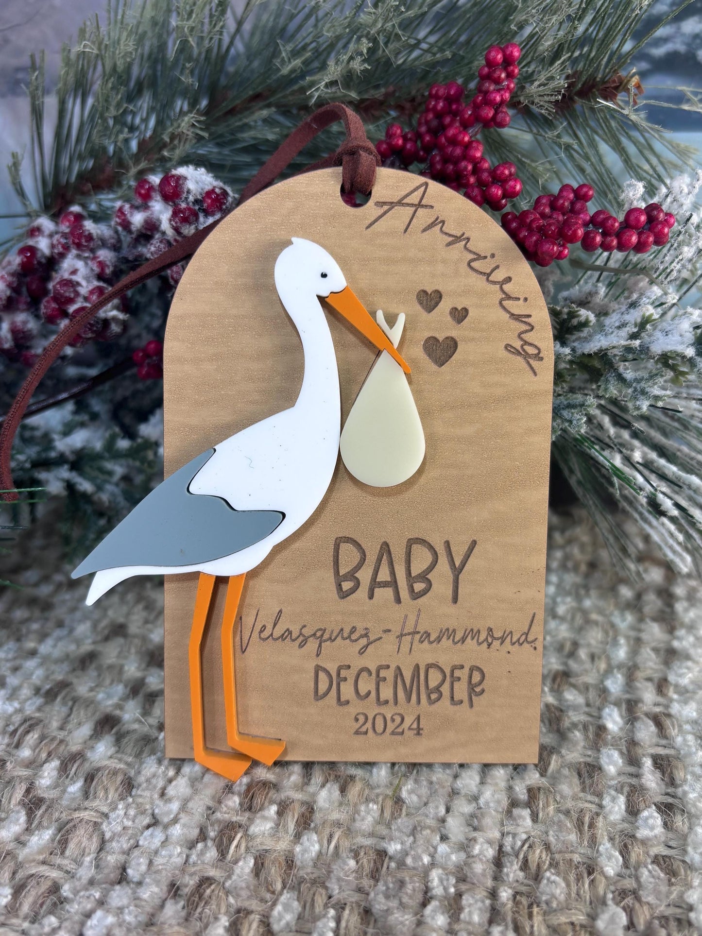Baby Announcement Ornament, Pregnancy Announcement Ornament, Stork Baby Ornament, Christmas Ornament, Holiday Ornament, First Baby Ornament