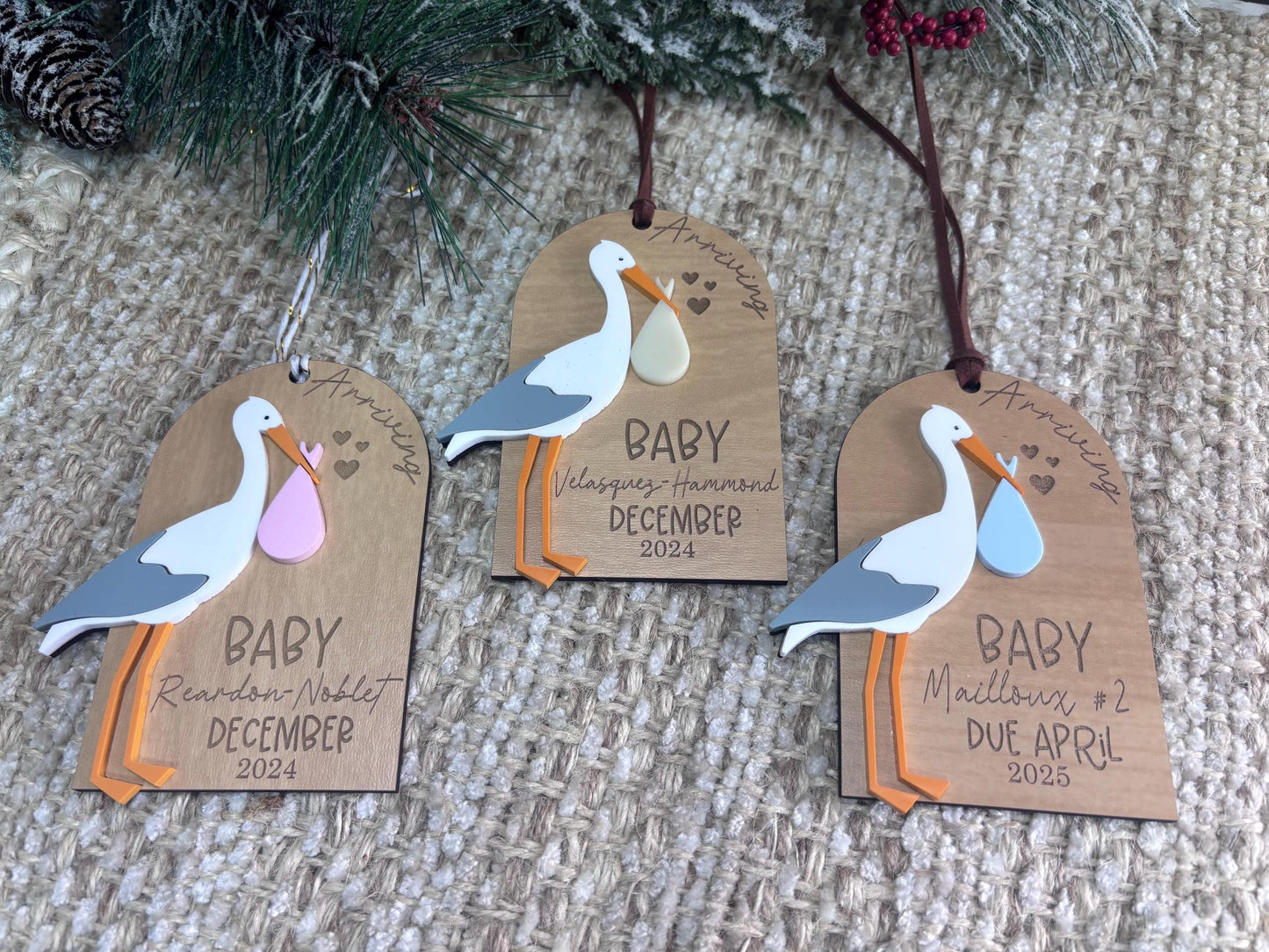 Baby Announcement Ornament, Pregnancy Announcement Ornament, Stork Baby Ornament, Christmas Ornament, Holiday Ornament, First Baby Ornament