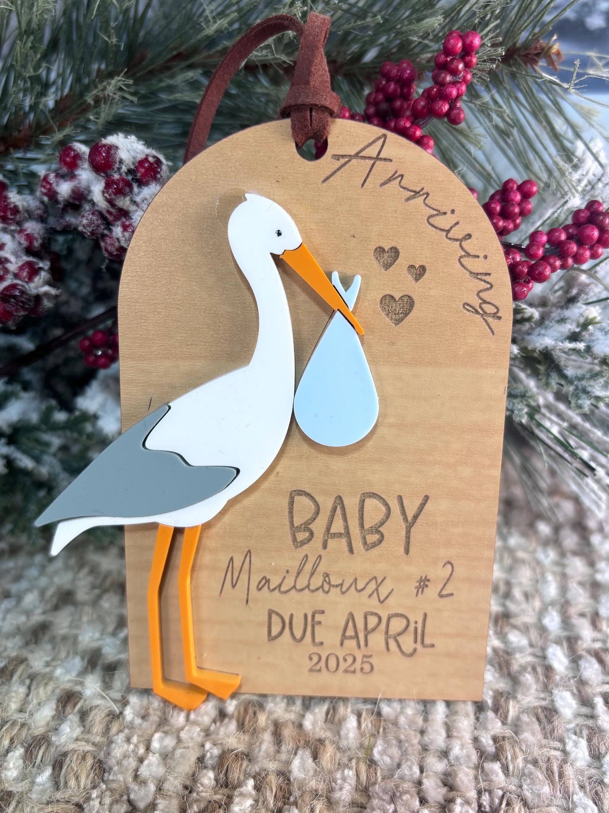 Baby Announcement Ornament, Pregnancy Announcement Ornament, Stork Baby Ornament, Christmas Ornament, Holiday Ornament, First Baby Ornament